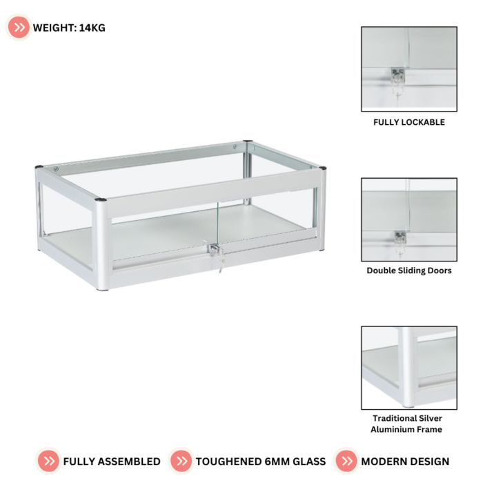 Lockable Silver Aluminium Glass Countertop Display Case | Secure Showcase with Sliding Doors for Retail and Exhibitions - Image 4