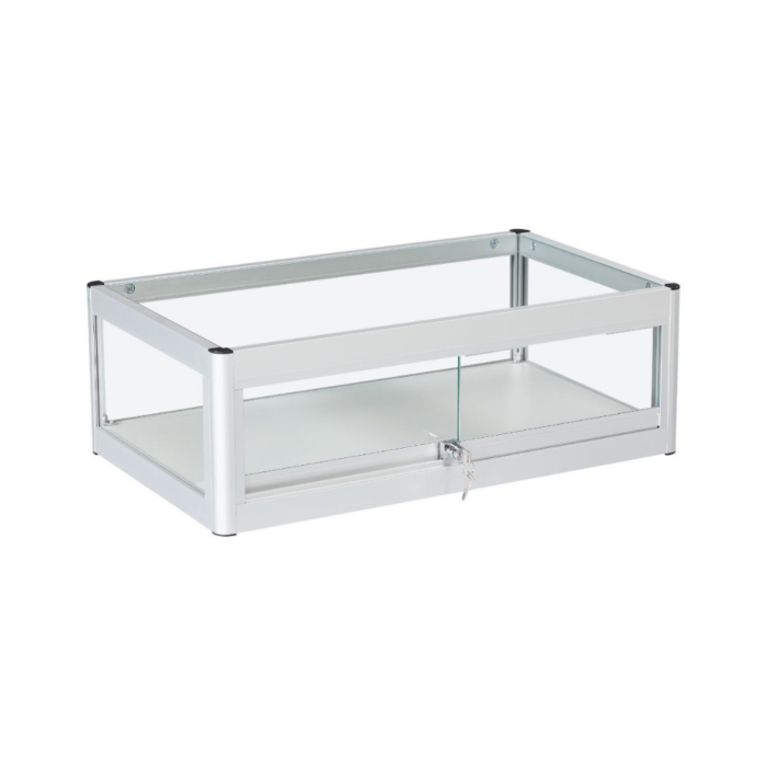 Lockable Silver Aluminium Glass Countertop Display Case | Secure Showcase with Sliding Doors for Retail and Exhibitions