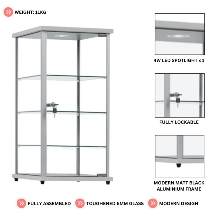 Premium Lockable Silver Aluminium Display Cabinet with LED Light | Glass Showcase Countertop & 3 Shelves for Retail and Home Display - Image 4