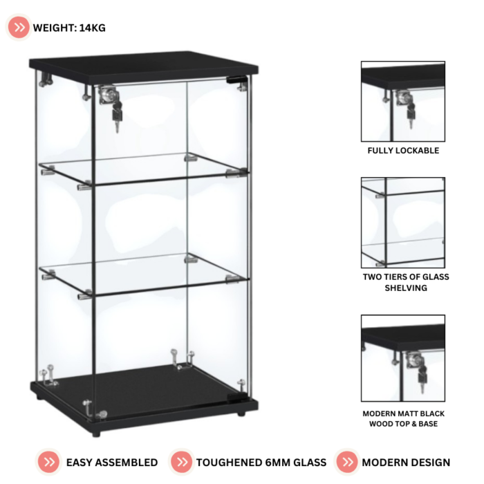 Frameless Black Lockable Glass Display Cabinet – 2 Shelves