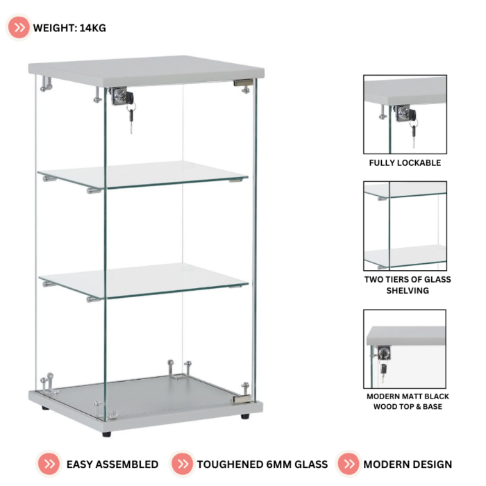 Frameless Silver Wood Lockable Glass Display Cabinet with 2 Shelves – Countertop Showcase - Image 3