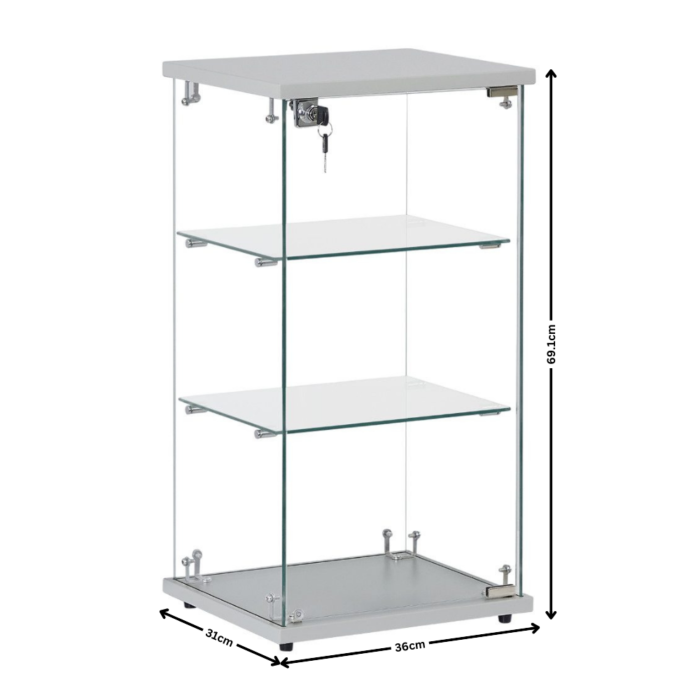 Frameless Silver Lockable Glass Display Cabinet – 2 Shelves