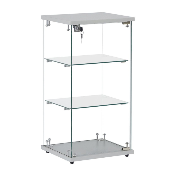 Frameless Silver Wood Lockable Glass Display Cabinet with 2 Shelves – Countertop Showcase