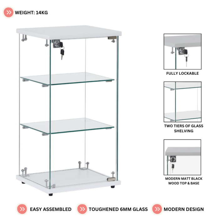 Frameless White Lockable Glass Display Cabinet – 2 Shelves