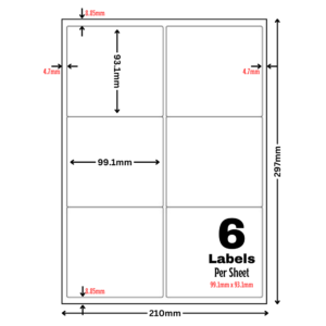 White Address Printer Labels - 6 Label per Sheet - 99mm x 93mm