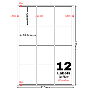 White Address Printer Labels - 12 Label per Sheet - 63.5mm x 72mm