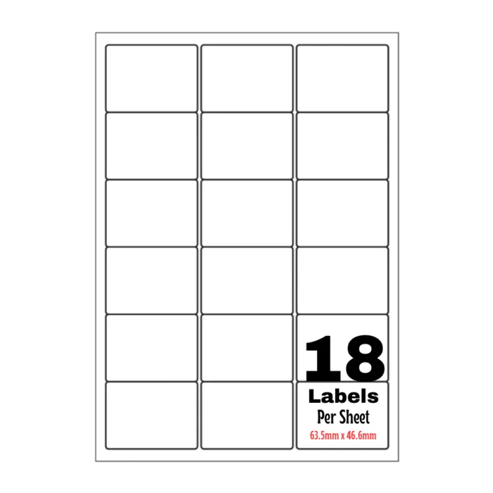 White Address Printer Labels - 18 Label per Sheet - 63.5mm x 46.6mm A4 White Labels 18/Sheet