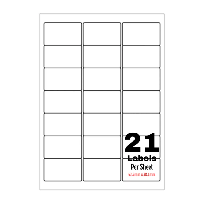 White Address Printer Labels - 21 Label per Sheet - 63.5mm x 38.1mm A4 White Labels 21/Sheet