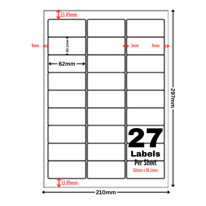 White Address Printer Labels - 27 Label per Sheet - 62mm x 30.1mm