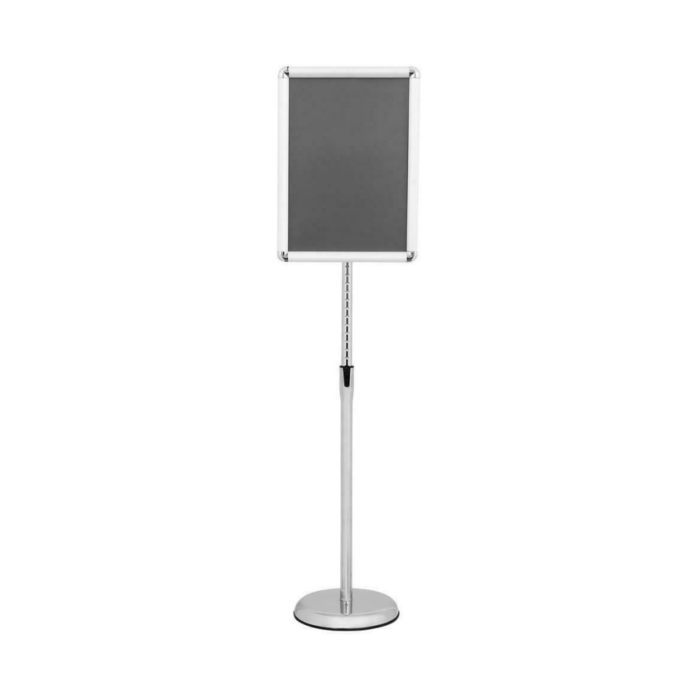 Adjustable A4 Menu Holder Stand | Rotatable Floor-Standing Snap Frame for Restaurants, Events, Offices, and Retail | Sleek Silver Design