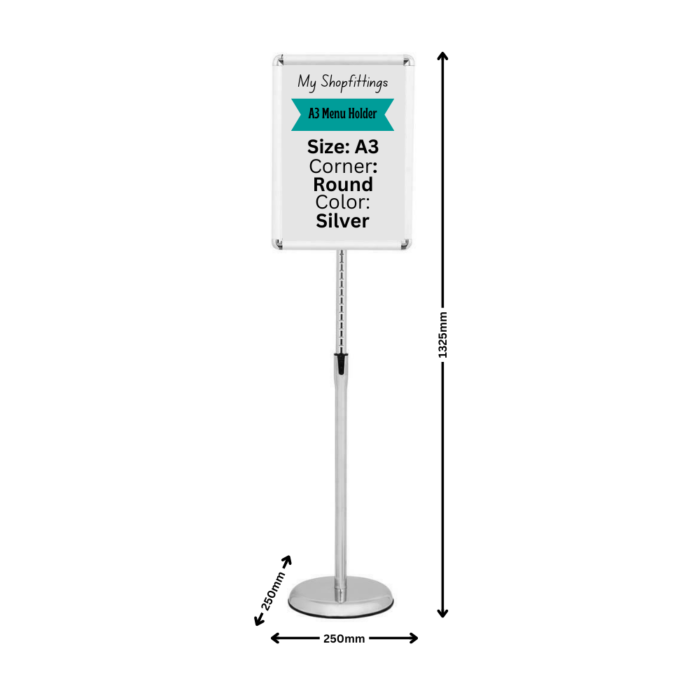 Adjustable A3 Menu Holder Stand | Rotatable Floor-Standing Snap Frame for Restaurants, Events, Offices, and Retail | Sleek Silver Design - Image 2