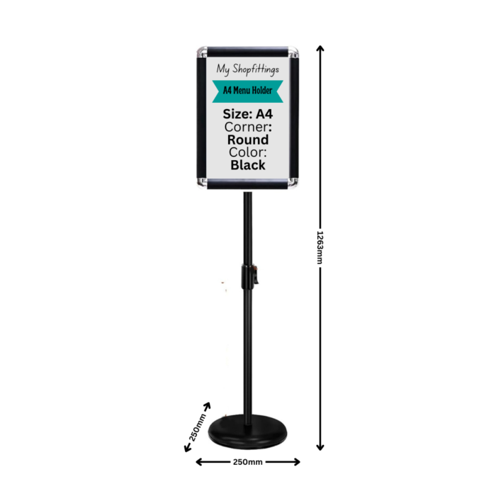 Adjustable A4 Menu Holder Stand | Rotatable Floor-Standing Snap Frame for Restaurants, Events, Offices, and Retail | Sturdy Black Design - Image 2