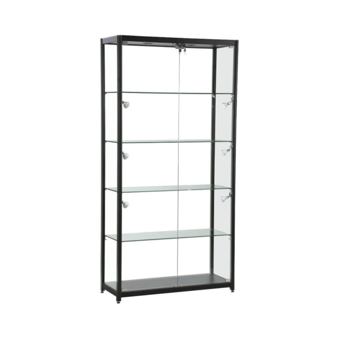 Black Aluminium Glass Tower Display Cabinet with Double Doors | Modern Showcase for Retail, Exhibitions & Collectibles (198cm x 122cm x 40cm)