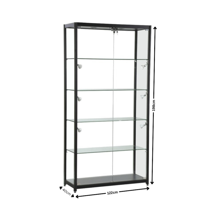 Black Aluminium Glass Tower Display Cabinet with Double Doors | Modern Showcase for Retail, Exhibitions & Collectibles (198cm x 122cm x 40cm) - Image 2