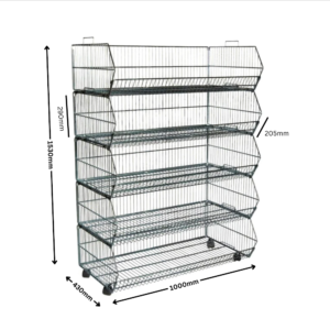 5 tier steel stacking basket with wheels black matt