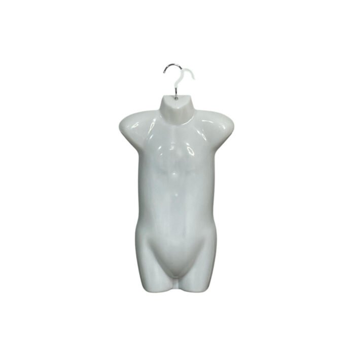 gloss white kids hanging body form, mannequin torso, designed for displaying clothing, with no arms or head, featuring a metal hook at the top.