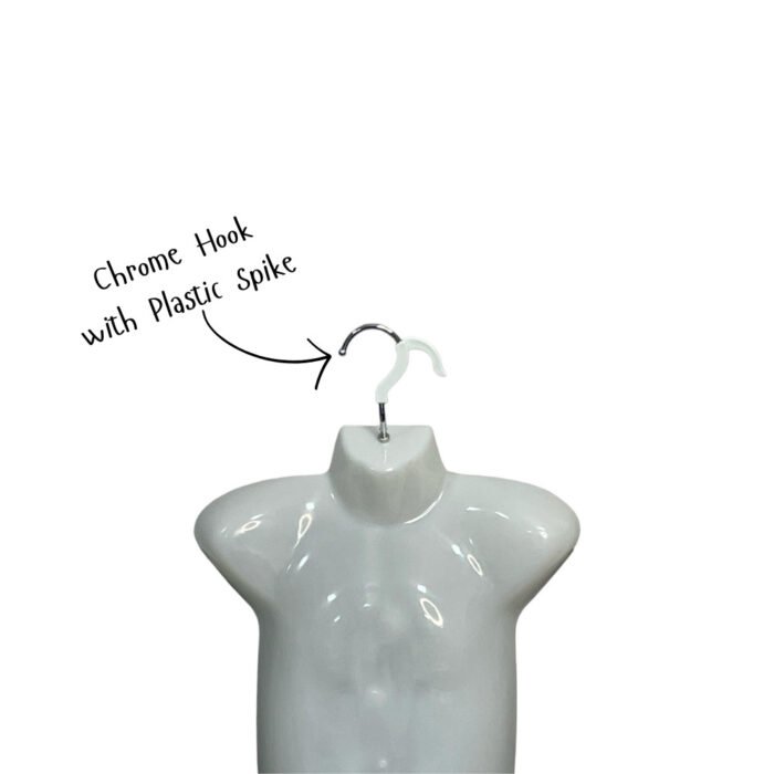 gloss white kids hanging body form, mannequin torso, designed for displaying clothing, with no arms or head, featuring a metal hook at the top.