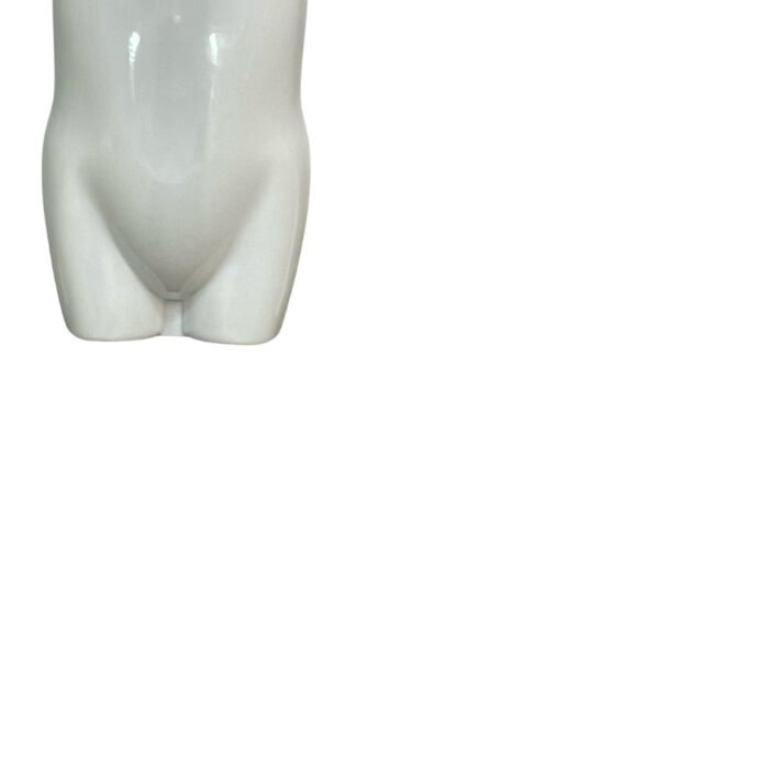 gloss white kids hanging body form, mannequin torso, designed for displaying clothing, with no arms or head, featuring a metal hook at the top.