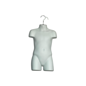 matt white kids hanging body form, mannequin torso, designed for displaying clothing, with no arms or head, featuring a metal hook at the top.