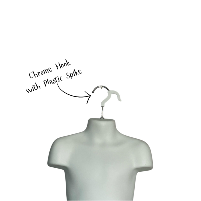 matt white kids hanging body form, mannequin torso, designed for displaying clothing, with no arms or head, featuring a metal hook at the top.