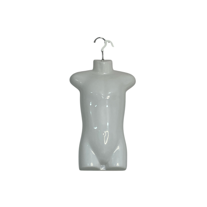 gloss white kids hanging body form, mannequin torso, designed for displaying clothing, with no arms or head, featuring a metal hook at the top.