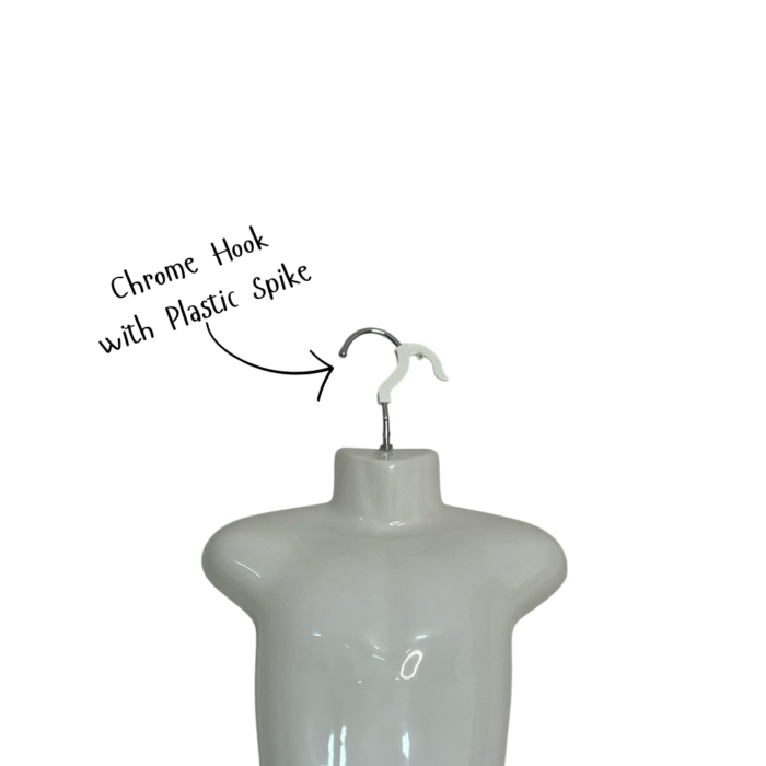 gloss white kids hanging body form, mannequin torso, designed for displaying clothing, with no arms or head, featuring a metal hook at the top.