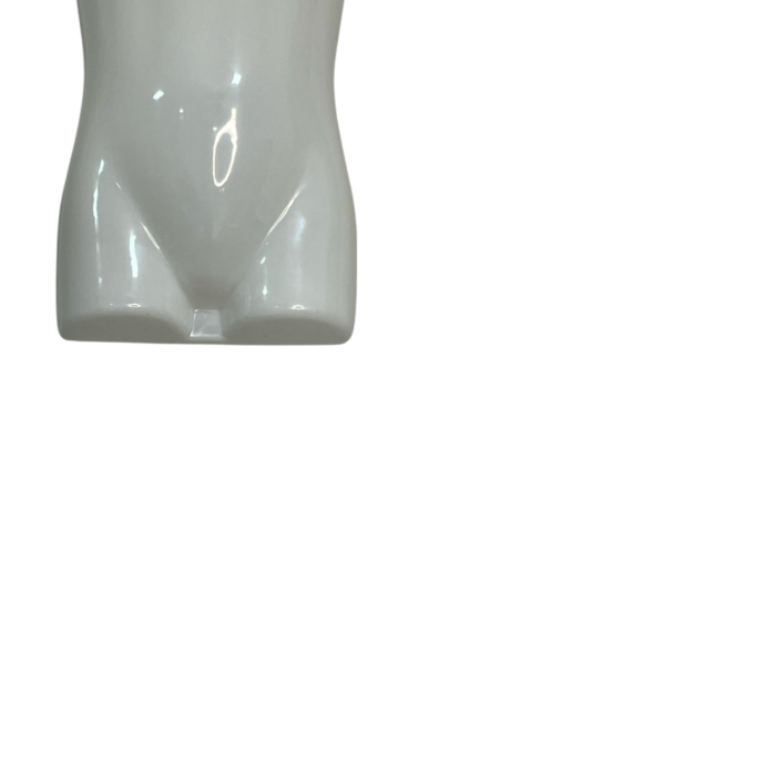 gloss white kids hanging body form, mannequin torso, designed for displaying clothing, with no arms or head, featuring a metal hook at the top.