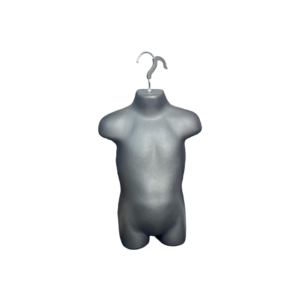 black matt kids hanging body form, mannequin torso, designed for displaying clothing, with no arms or head, featuring a metal hook at the top.