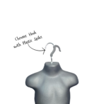 black matt kids hanging body form, mannequin torso, designed for displaying clothing, with no arms or head, featuring a metal hook at the top.
