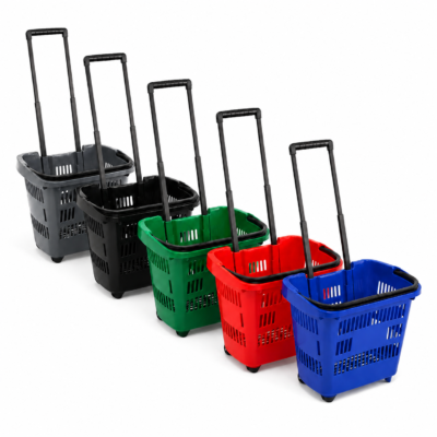 34L Plastic Shopping Trolley Basket with Wheels and Telescopic Handle