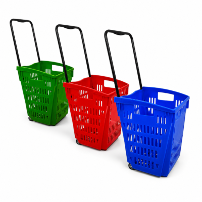 52L Plastic Shopping Trolley Basket with Wheels & Handle