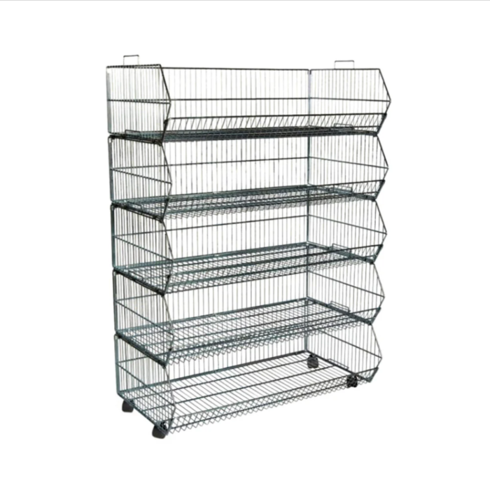 5 tier steel stacking basket with wheels black matt