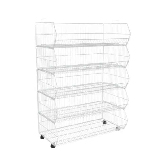 5-tier-steel-stacking basket-with-wheels white-matt