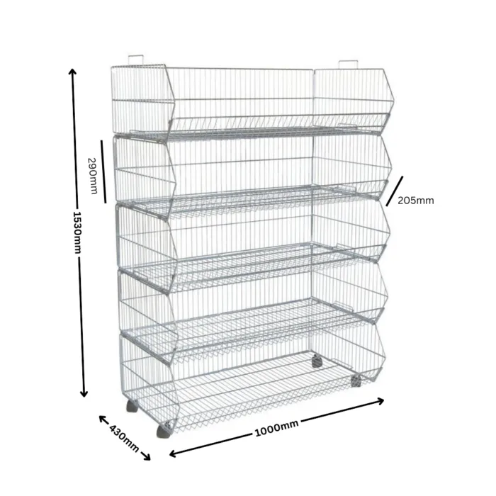 5 tier steel stacking basket with wheels bright chrome