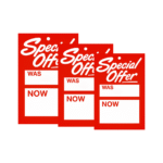 Red Special Offer Was and Now Hanger Tickets