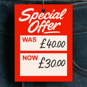 Red Special Offer Was and Now Hanger Tickets