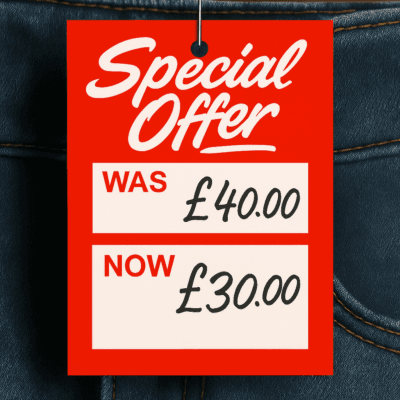 Red Special Offer Was and Now Hanger Tickets