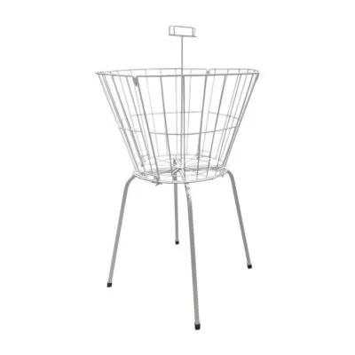 Round dump bin with white wire frame, collapsible design, and central ticket holder for retail display.