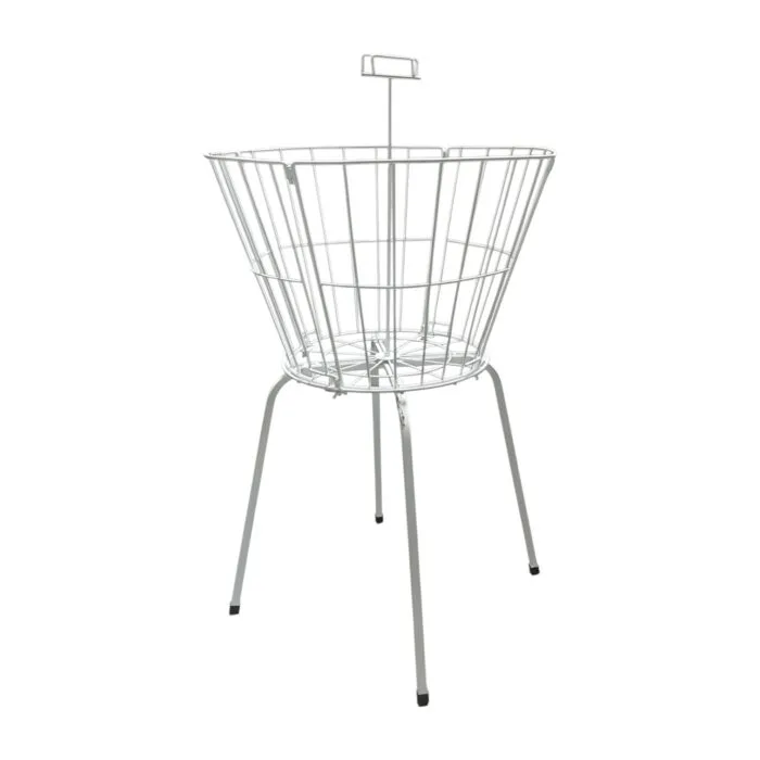 Round dump bin with white wire frame, collapsible design, and central ticket holder for retail display.