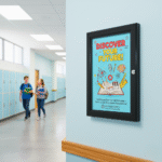 A4 lockable poster case with 45mm aluminium frame profile and wall fixings