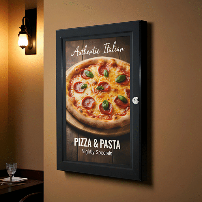 A3 lockable poster case with 45mm aluminium frame profile and wall fixings