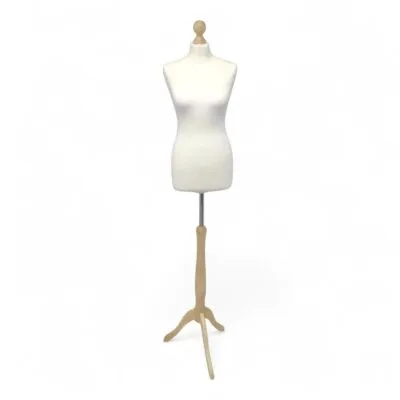Cream female tailors dummy size 10/12 with maple wooden tripod stand and neck cap, ideal for dressmaking and display.