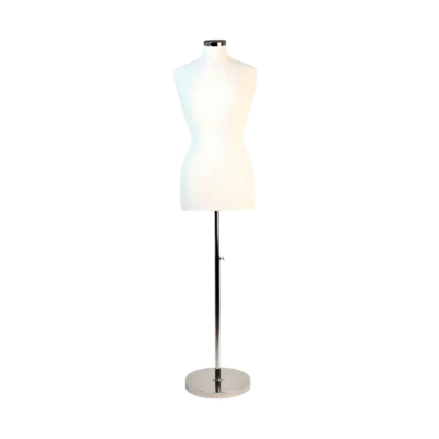 Female display bust on chrome base with adjustable height stand.