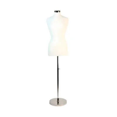 Female display bust on chrome base with adjustable height stand.