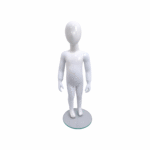 Faceless gloss white childrens mannequin, 86cm tall, with a sturdy glass base for retail and clothing displays.