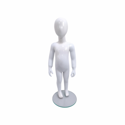 Faceless gloss white childrens mannequin, 86cm tall, with a sturdy glass base for retail and clothing displays.