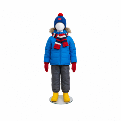 Faceless gloss white childrens mannequin, 86cm tall, with a sturdy glass base for retail and clothing displays.