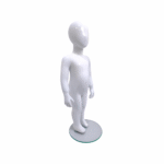 Faceless gloss white childrens mannequin, 86cm tall, with a sturdy glass base for retail and clothing displays.
