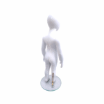Faceless gloss white childrens mannequin, 86cm tall, with a sturdy glass base for retail and clothing displays.