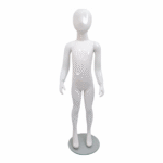 Faceless gloss white childrens mannequin, 116cm tall, with a sturdy glass base for retail and clothing displays.